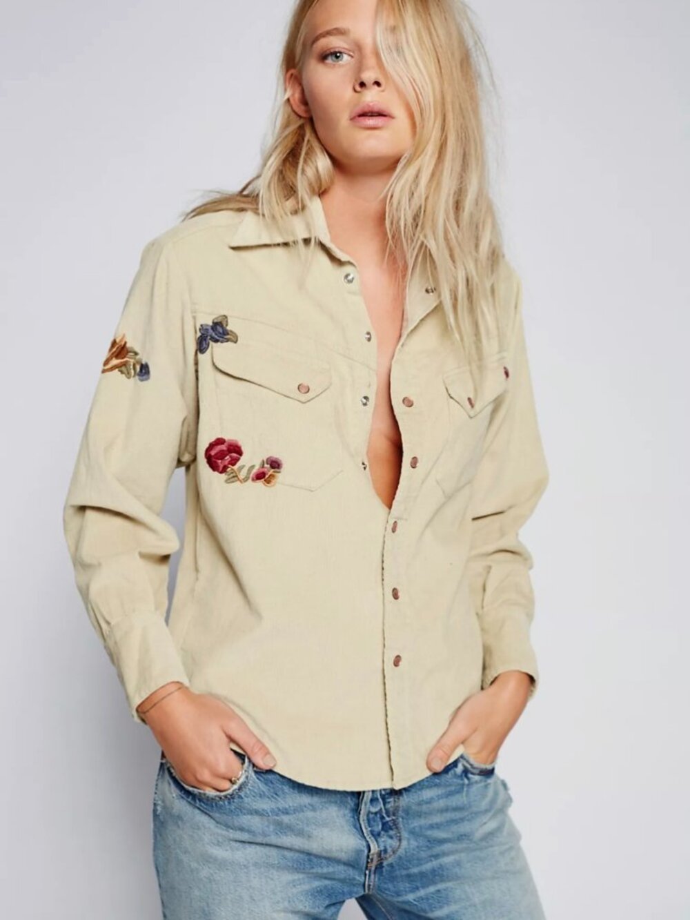 NWT Free People Harley Embroidered Corduroy Shirt XS Boho Western Cowgirl $128